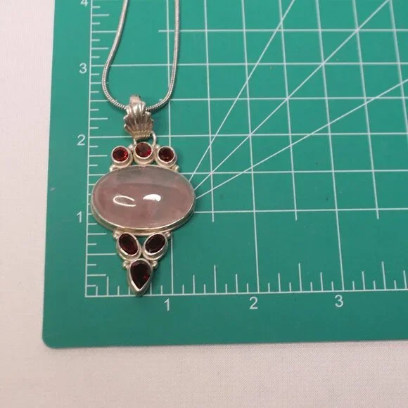 Sterling Silver Rose Quartz Gemstone and Red Glass Stone Necklace - Picture 8 of 13